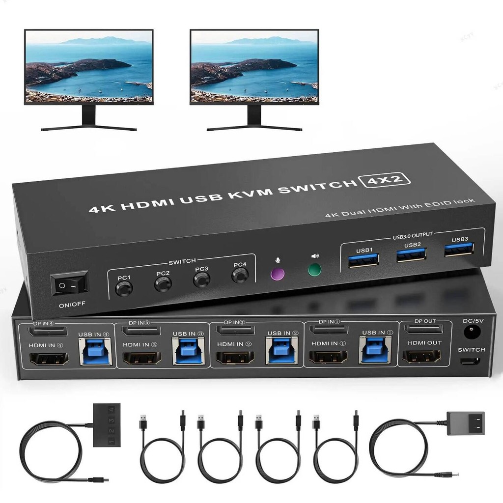 4K Dual Monitor HDMI Displayport KVM Switch 2 จอภาพ 4 คอมพิวเตอร์, 4K @ 60Hz USB 3.0 KVM Switches รอ