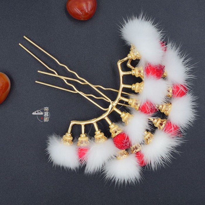 Di Muqing โบราณ Hanfu Headdress Berry Hair Ball แถว Hairpin อุปกรณ์เสริมคริสต์มาสฤดูใบไม้ร่วงฤดูหนาว