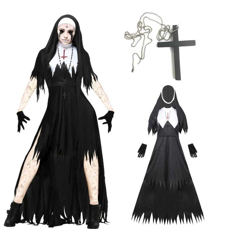 C Halloween Nun Cosplay Costume Women Black Vampire Fantasy Dress Terror Sister Party Disguise Fema