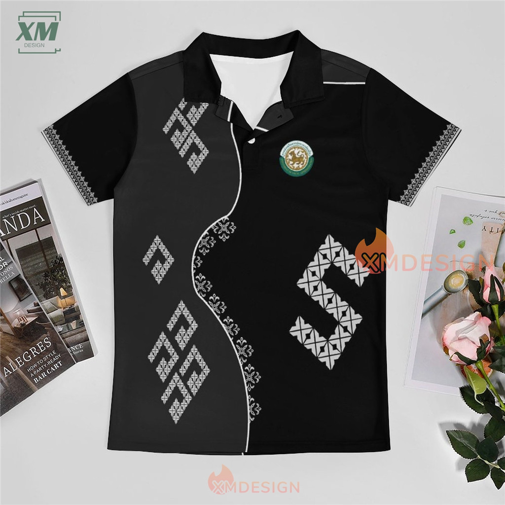 NEW เสื้อโปโล พิมพ์ลาย สีดำ ทรงผู้ชาย ทรงผู้หญิง( สาธารณสุข สพฐ อปท มหาดไทย อสม สำนักงานคณะกรรมการการศึกษาพื้นฐาน)BLACK POLO SHIRT XM30