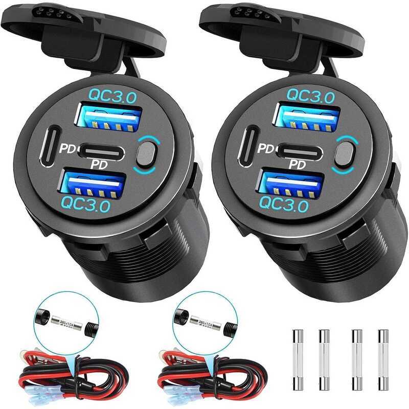 ★ ชุด 2 ชิ้น ช่องเสียบ 12V แบบ 4 พอร์ต พร้อมสวิตช์ LED - 78W Qc3.0 & Dual Pd3.0 USB C ที่ชาร์จในรถย