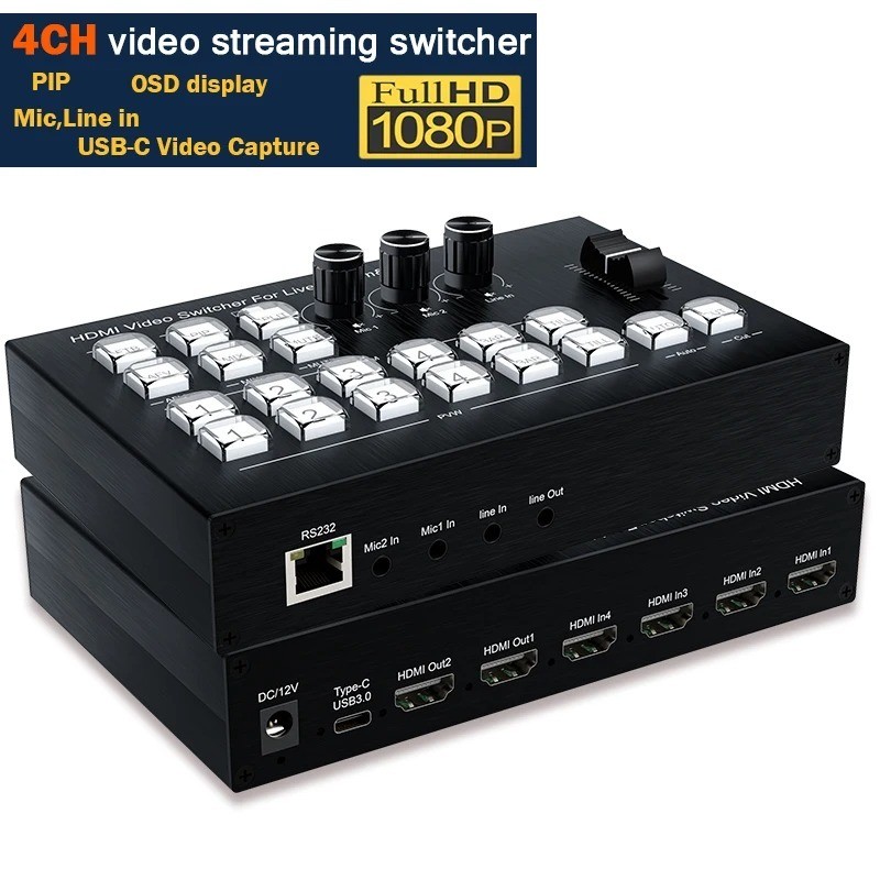 1080P HDMI Video Live Switch 4 in 2 out Broadcast Streaming Video Mixer Station Live Streaming Seaml