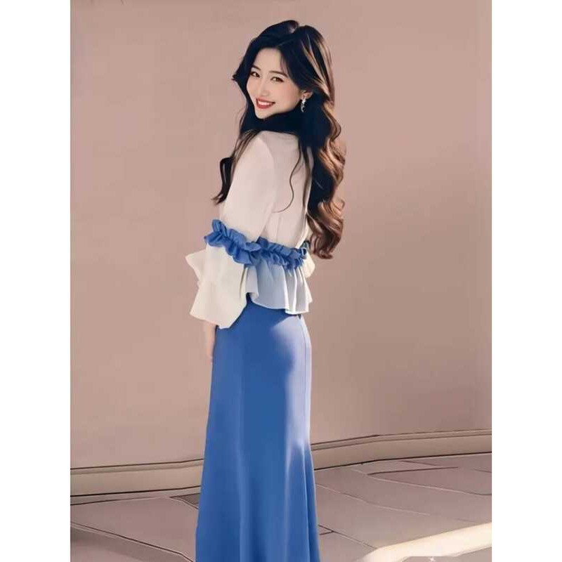 ▥ แฟชั่นหรูหราo-คอยาวแขนยาวrufflesผู้หญิง + Y2kเอวสูงbodycon A-eกระโปรง 2025 ฤดูร้อนใหม่ 2 ช