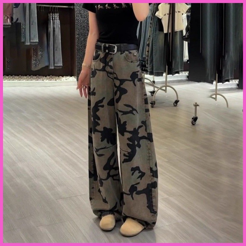 กางเกงยีนส์ลายพรางสไตล์ยุโรป ขาตรง เอวสูง 2025 ลายล้างและวาด สไตล์ญี่ปุ่นน่ารัก ทรงหลวมกระชับสัดส่วน