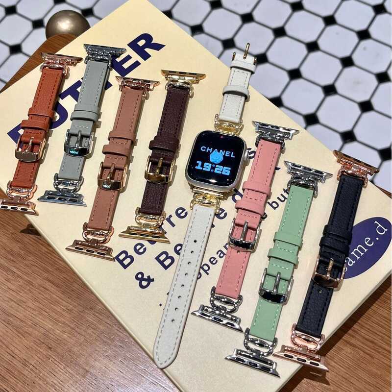 สายหนังลายลิ้นจี่หัวเข็มขัดปูเหมาะสําหรับ applewatch Apple Watch iwatch 98th Generation 7654SE