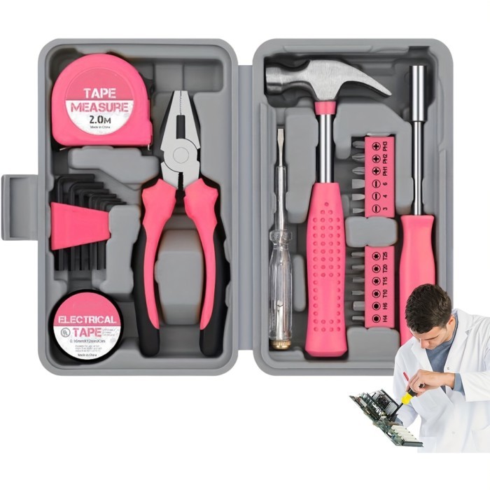 Tool Set 24pcs Pink Household DIY Tool Kit for Women. Small Mini Tool Box Set of Starter Basic Ladi