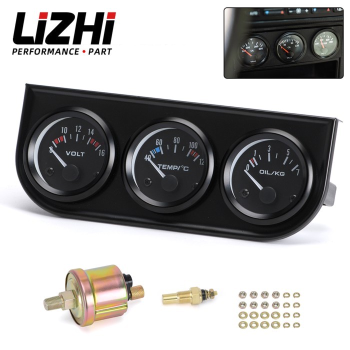 LIZHI - 52mm Triple gauge 3 in 1 (Oil press Gauge+Water Temp Gauge+Volt Meter) Sensor 52mm Auto Gau