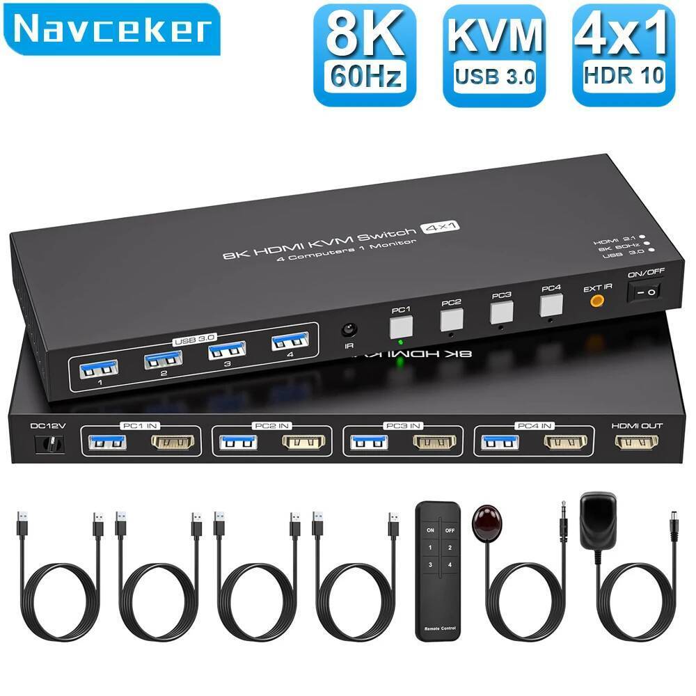 Navceker 8K HDMI KVM Switch 1 จอภาพ 4 คอมพิวเตอร์ 4K 144Hz 4x1 USB 3.0 KVM Switch สําหรับ 4 PC แบ่งป
