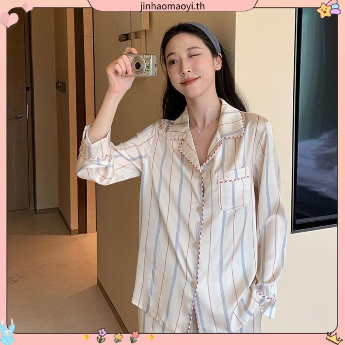 ชุดนอน Soft Cream Striped Pajamas - Her (premium silk satin)