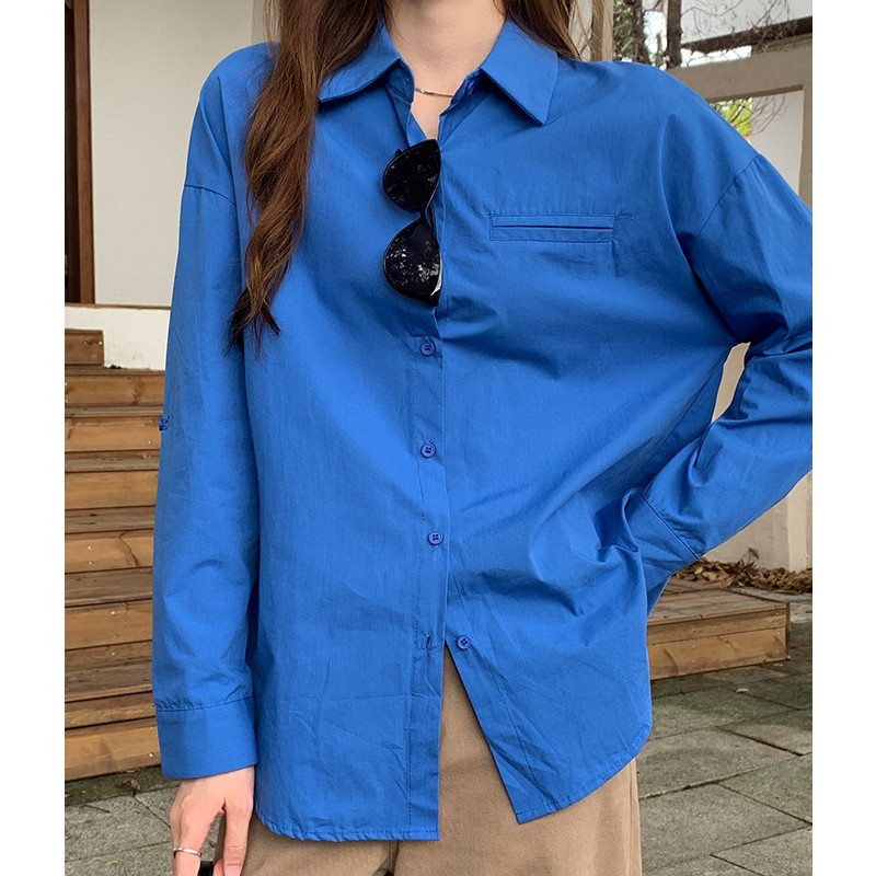 95176เสื้อเชิ้ตลําลองแขนยาวหลวมสีฟ้า