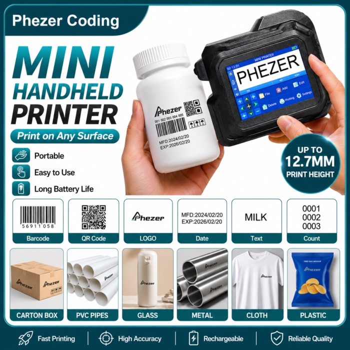 Phezer Portable Heldhand Inkjet Printer Pc98 Mini Printer 28 Languages Mini Printer QR Bar Expiry D