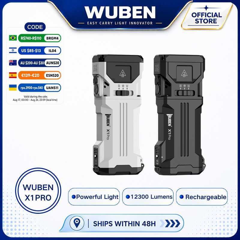 Wuben X1 Pro 12300 Lumens EDC ไฟฉาย, 9600mAh Power Bank 30W Fast Charging, น้ําท่วม/โทรม, IP65, Bike
