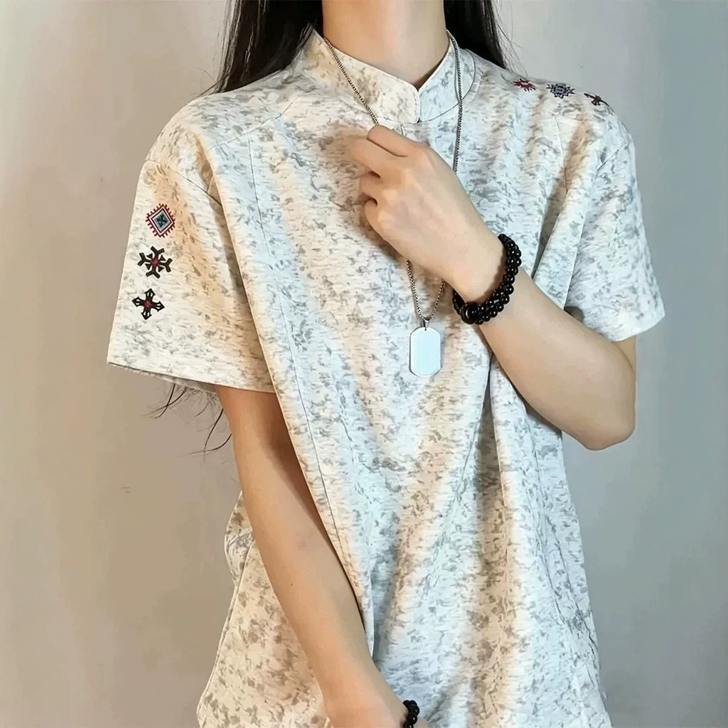 ใหม่สไตล์จีนสไตล์จีนTie-DyeปักStand-Upคอปกแขนสั้นเสื้อยืดHry Collar Unisexฤดูร้อนหลวมสบายๆแห่งชาติอิ