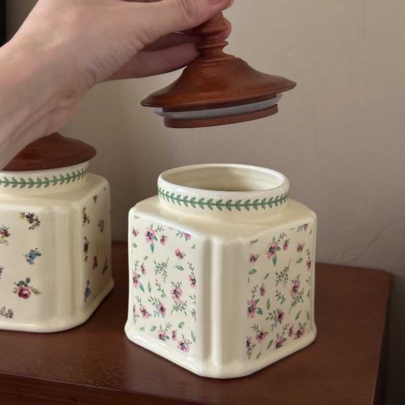amic Storage Canister Wooden Lid Vintage Countryside Decor Household Food Storage Container Storage