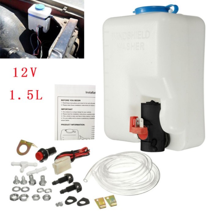 12V Car Windshield Washer Bottle Kit Water Tank 1.5L Washer Reservoir Pump Bottle Kit Universal Win