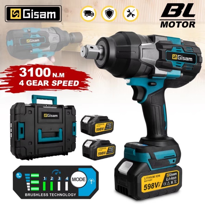 Gisam 3100N.M Torque Brushless Electric Impact Wrench 3/4 inch Cordless Electric Wrench Power Tools
