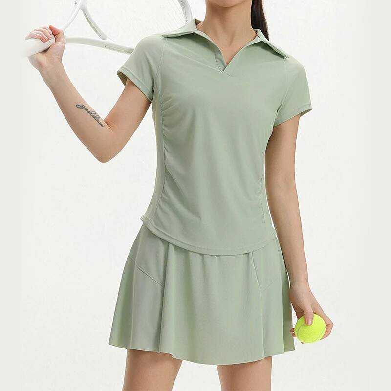 e Women's Summer Polo Collar Workout Set Quick Dry Breathable 2 Piece Running Skirt Yoga Gym Outfit