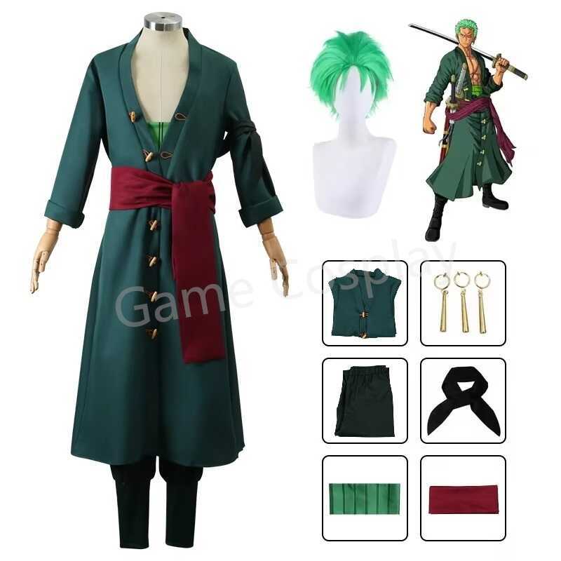 W Anime Figures Roronoa Zoro Cosplay Costume Uniform Green Coat Pants Head Scarf Roronoa Zoro Wig E