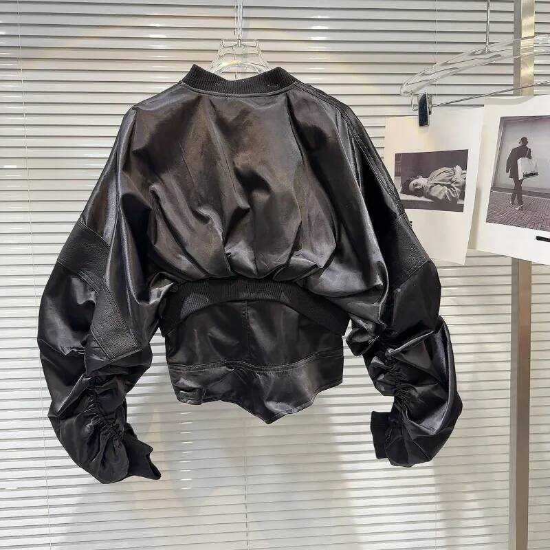 ▥ Sweet Cool PU หนัง Patchwok แจ็คเก็ตสีดํา 2025 ฤดูใบไม้ผลิฤดูใบไม้ร่วงใหม่แจ็คเก็ตเบสบอล Ruch