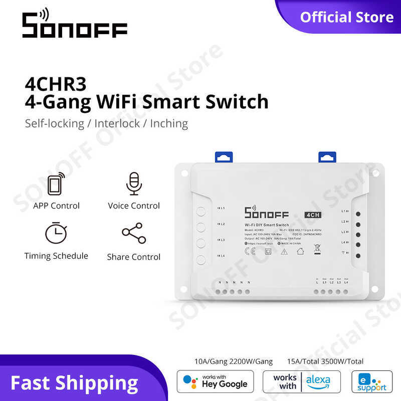 ❤ SONOFF 4Ch R3 Wifi สวิตช์ 4 Gang สวิตช์อัจฉริยะไร้สายสมาร์ทโมดูลสวิตช์ไฟ 3 โหมดการทำงาน Eweli