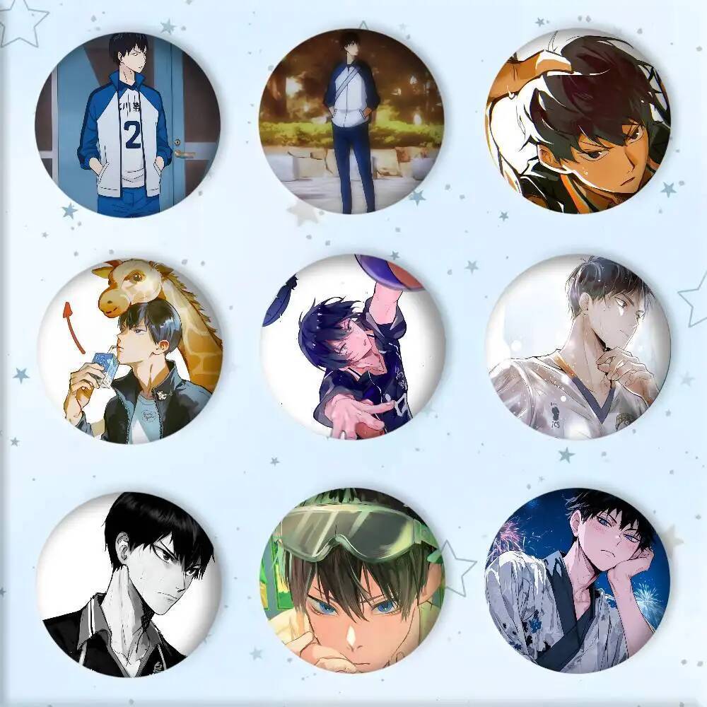 อะนิเมะ H-Haikyu Tobio Kageyama Manga Badge Tinplate รอบเลเซอร์เข็มกลัดเสื้อผ้ากระเป๋าเป้สะพายหลังอุ