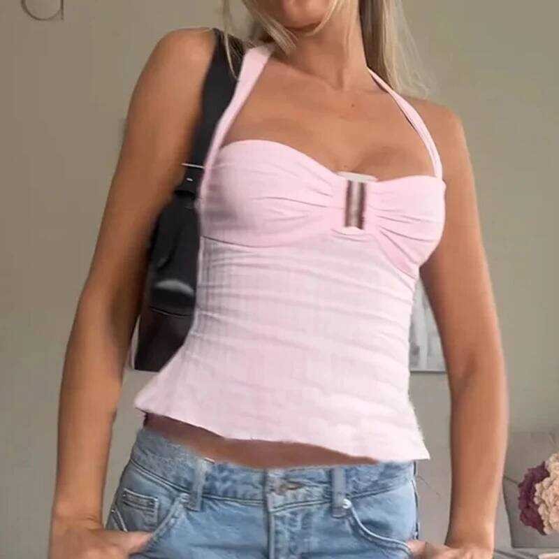 ▥ 90S Vintage Lace-Up Tank Topผู้หญิงy2k Backless Halter Crop Top Chicฤดูร้อนวันหยุดgoing Out O