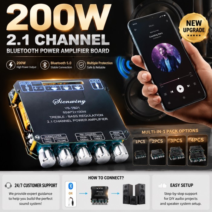 200W 2.1 Channel Bluetooth Amplifier Board YS-TB21 HiFi Stereo Audio AMP 12V-24V Subwoofer DIY Home
