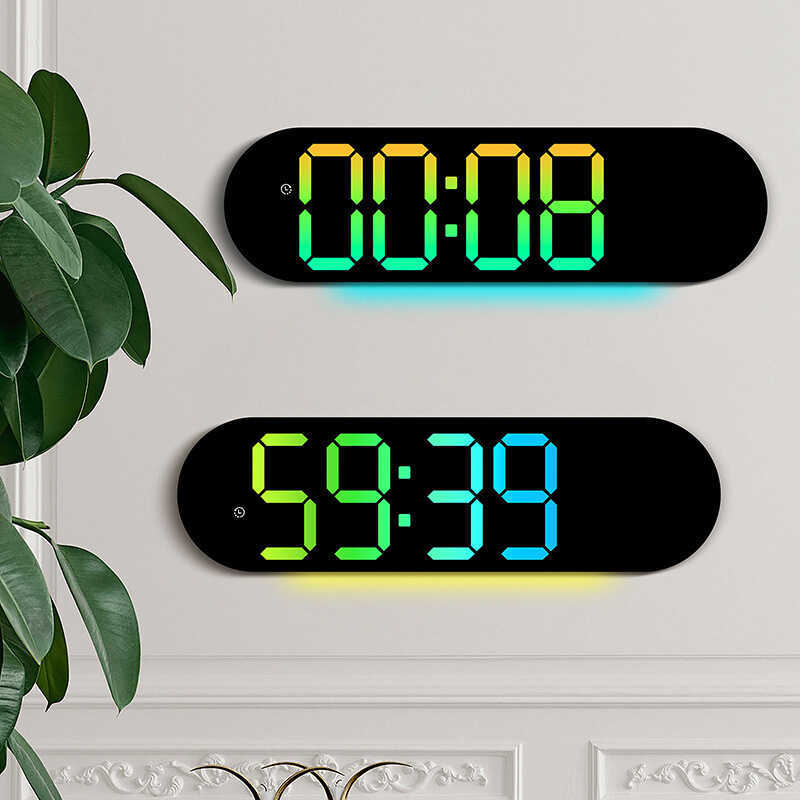 นาฬิกาแขวนห้องนั่งเล่นมัลติฟังก์ชั่นสีเต็ม RGB บรรยากาศ LED นาฬิกาดิจิตอลหน้าจอขนาดใหญ่ 6666R