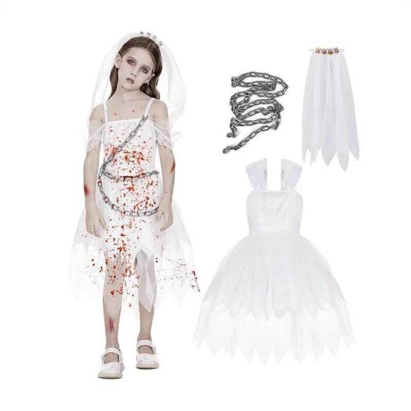 C Zombie Bride Costume For Girls Gothic Sleeveless Bloody Dress Set Halloween Cosplay Outfits