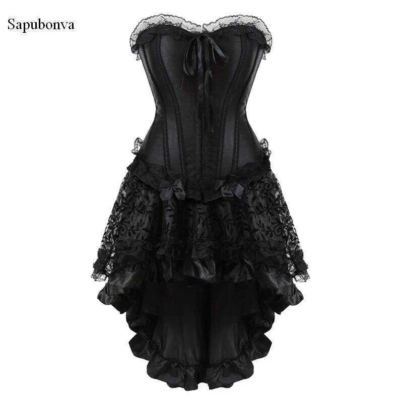 ▥ Sapubonva ชุดคอร์เซ็ทกระโปรงและกระโปรงทรงเบอร์เลสก์ชุดเดรสคอร์เซ็ทแบบกอธิคสำหรับผู้หญิงปรับได