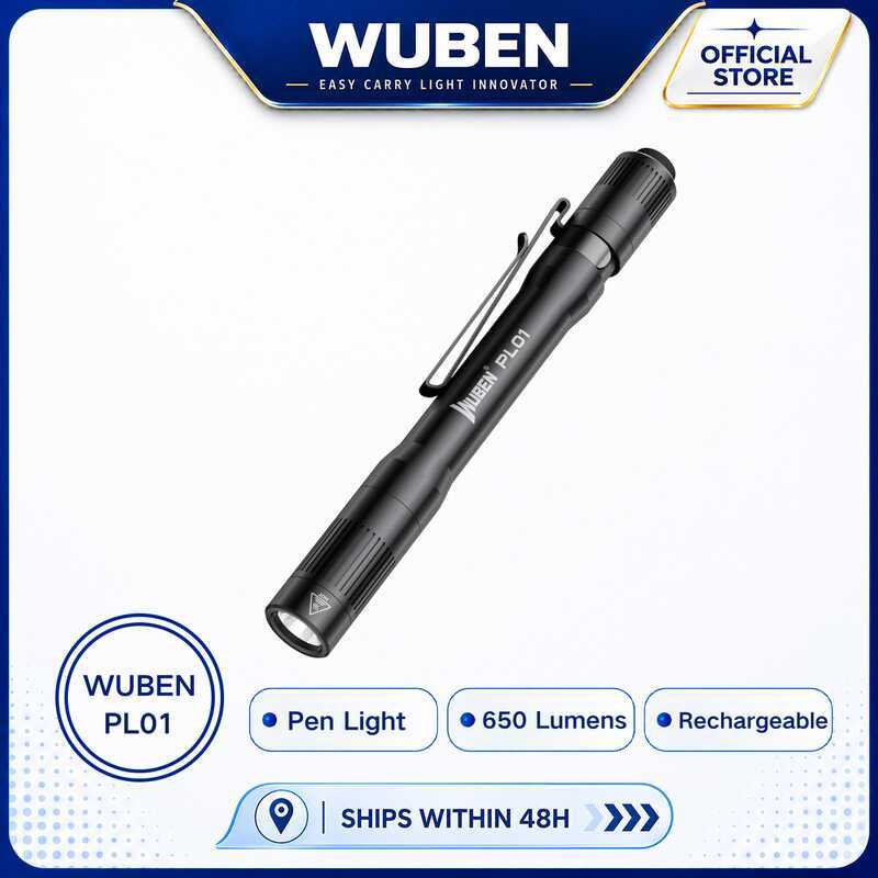 WUBEN PL01 ไฟปากกา, ไฟฉาย EDC พ็อกเก็ต 650 ลูเมนแบบชาร์จไฟได้, กันน้ํา IP68, แบตเตอรี่ AAA 2 ก้อนสํา