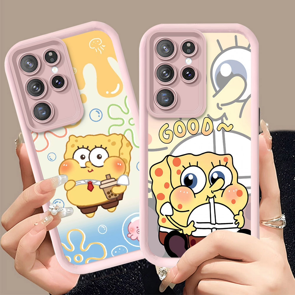 Q-7 SpongeBob ขาวดำเคสโทรศัพท์หรับ Samsung Galaxy S24 Note 20 S25 FE Ultra Plus ปกสีชมพู