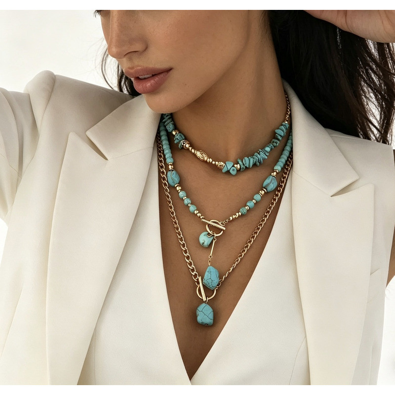 เครื่องประดับ Retro ลูกปัดเรขาคณิต Turquoise Clavicle Chain Multi-Layer Bohemian สร้อยคอ Bohemian จี