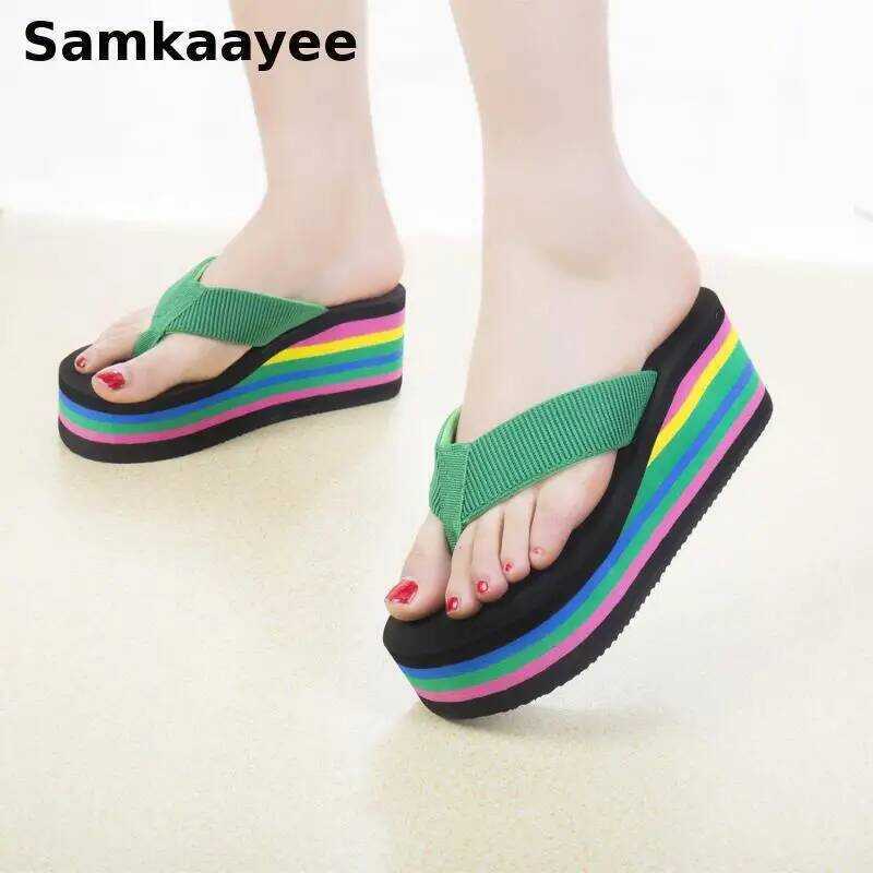 Flops Raiow Thick Bottom Sandals Beach Shoes Wedge Platform Slippers Female Thongs Anti-Slip Mules
