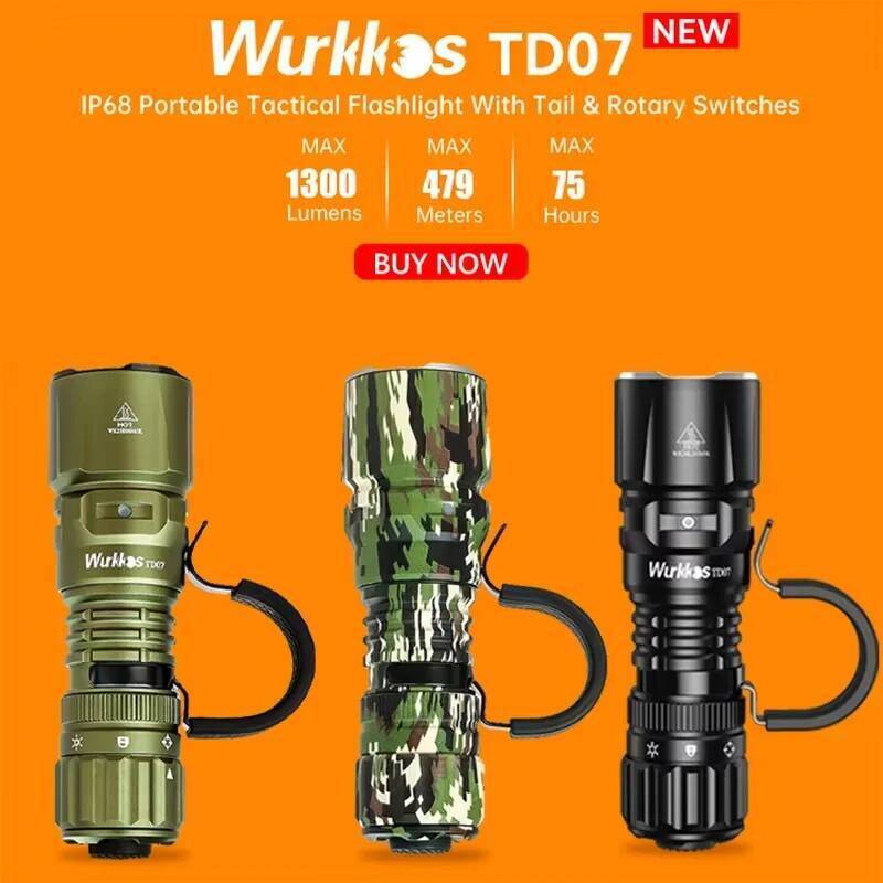 Wurkkos TD07 1300LM ไฟฉายยุทธวิธี 479M ยาว 18350 โคมไฟ IP68 ไฟฉายขนาดเล็กพร้อมแหวนนิ้ว Dual Switches