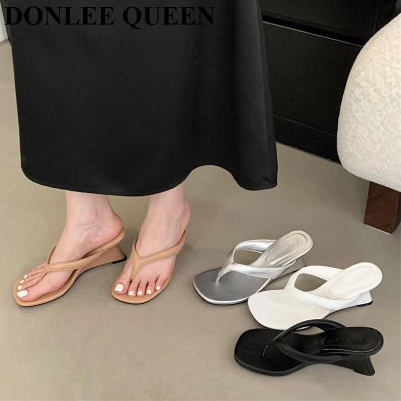 Fashion Brand Wedge Heel Slipper Slides Women Clip Toe Flip Flops Narrow Band Sandals Shoes Casual F