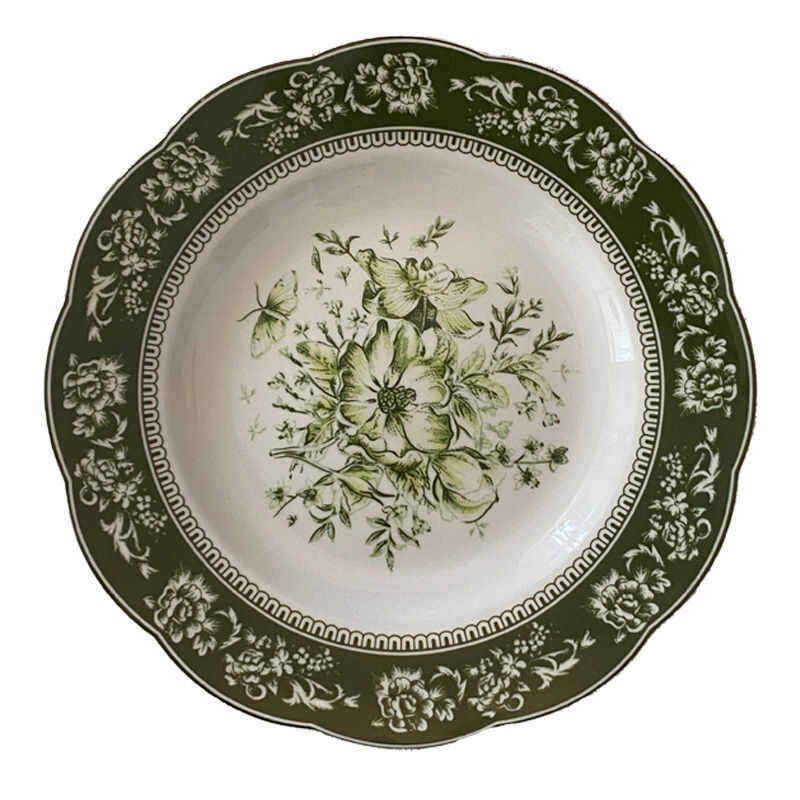 French Greenish Retro Style Relief Ceramic Steak Plate
