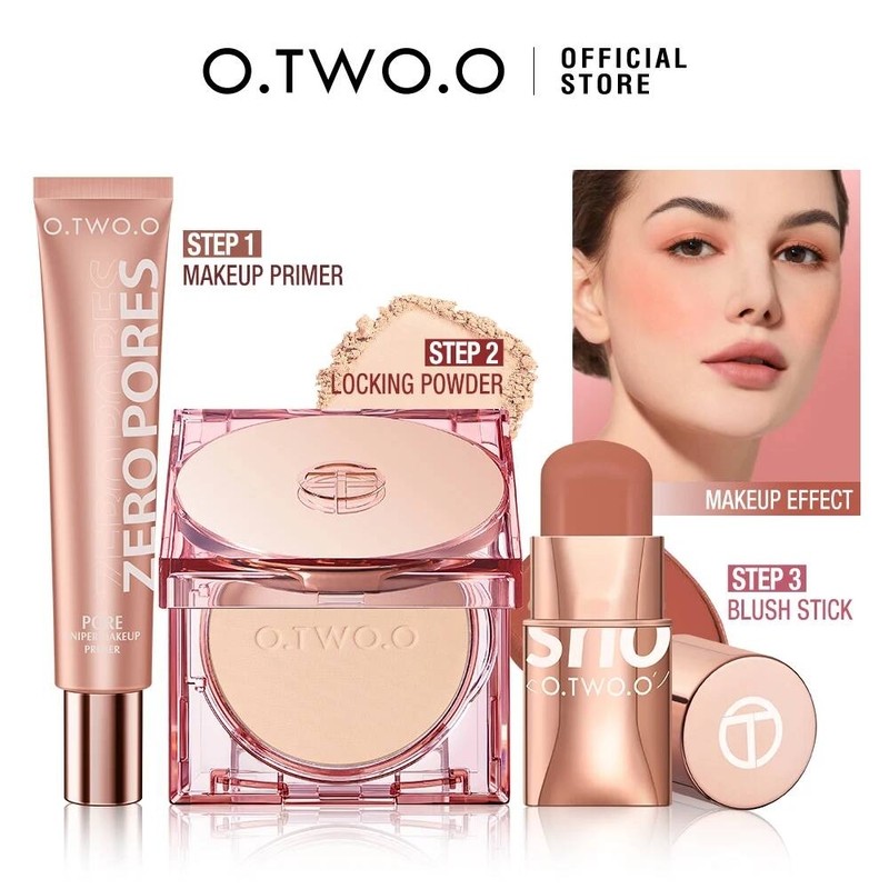O.Two.O 3Pcs Makeup Set 3 In 1 Lipstick Blush Stick SPF 30Pa+ Face Setting Powder Primer Base Cosmet