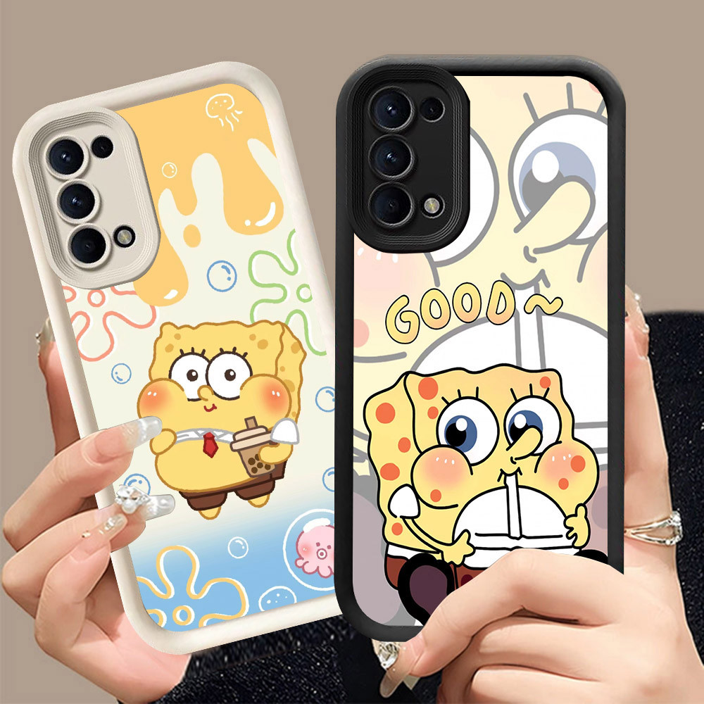 Q-7 SpongeBob ขาวดำเคสโทรศัพท์หรับ OPPO Reno 5F 5 4F Iite 4 5Z Lite 5G ปกสีชมพู