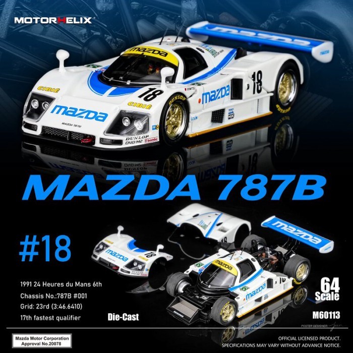 MOTOR HELIX MH 1: 64 Mazda 787B No.18 โมเดลรถจําลองสีขาวสีน้ําเงิน