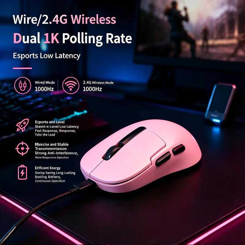 Tri-Mode Gaming Mouse Wired + 2.4 Ghz + Bluetooth 1000Hz 1K Polling Rate เมาส์ตามหลักสรีรศาสตร์แบบชา