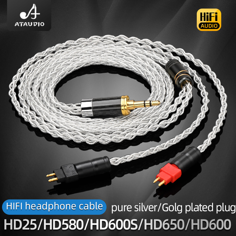 ATAUDIO HiFi สายหูฟังเงินบริสุทธิ์ 8 แบ่งปันสายหูฟังสําหรับ Sennheiser HD580 HD600 HD650 HD25 HD660S