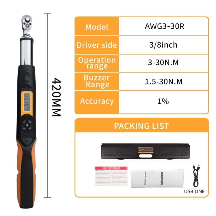 30N.m 3/8 Digital Torque Wrench AWG3-030R Bidirectional Ratchet Head 36 Teeth Connect With Computer