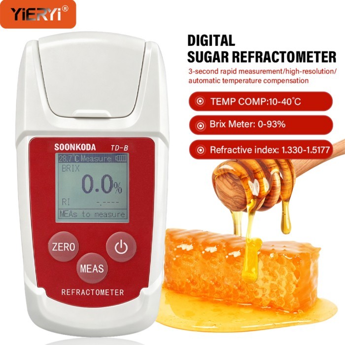 Digital Brix Refractometer 0-93% Sugar Meter Refractive Index RI Tester Honey Fruit Juice Density M