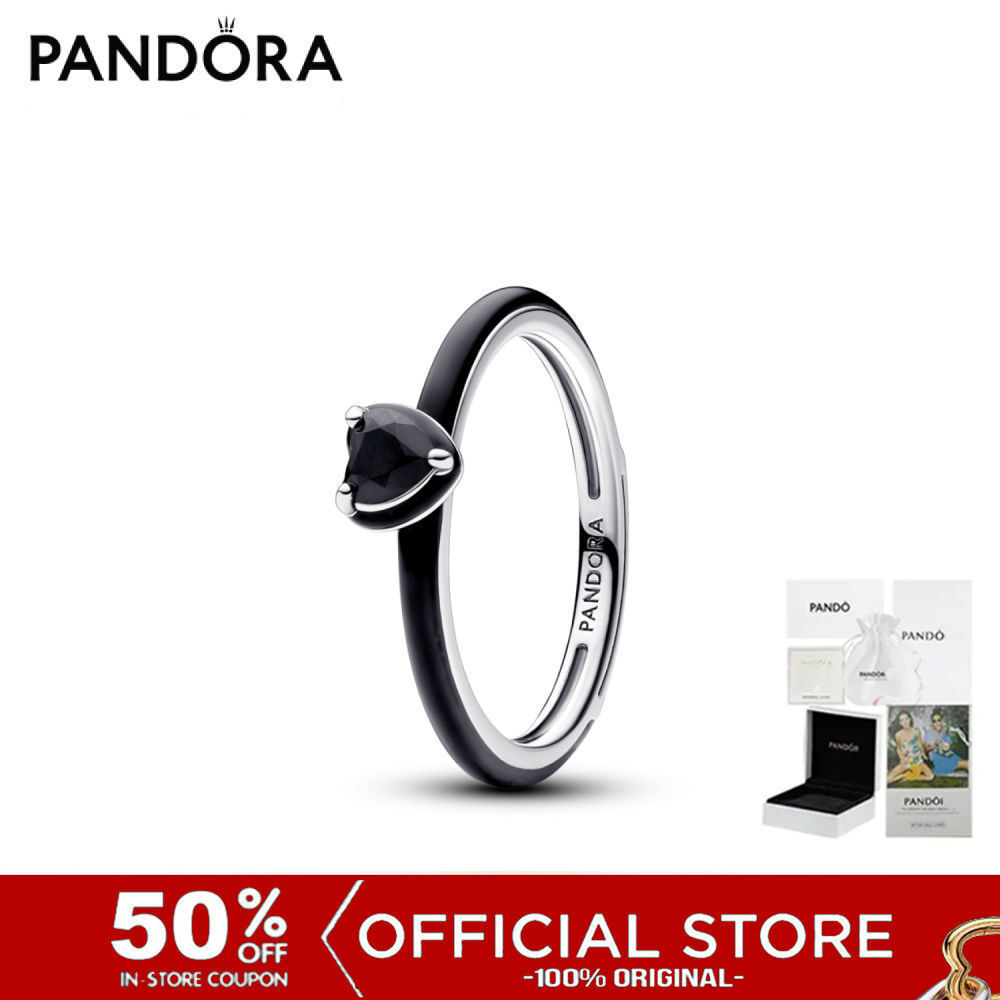 (ของแท้100%) Pandora Heart Sterling Silver Ring With Black Crystal And Black Enamel
