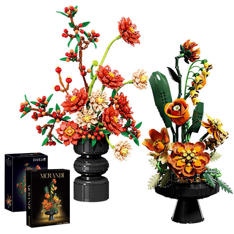 Creative Dahlia Flowers Building Blocks Morandi Eternal Flower Potted Plant Bricks Decoration Toys