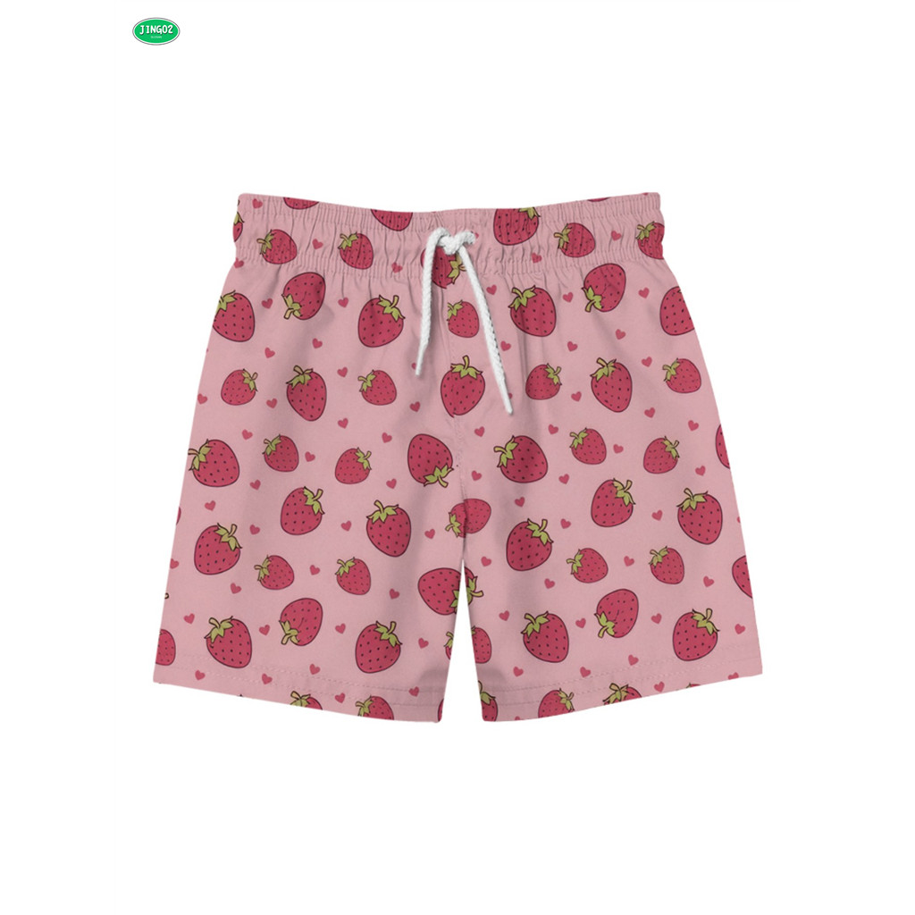 J02-Strawberry Heart All-Over Print Mesh Fabric Drawstring Beach Shorts