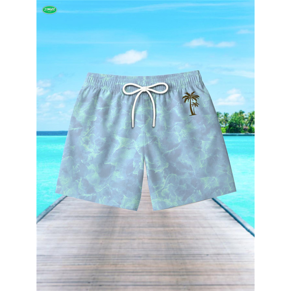 J02-Palm Tree Mesh Fabric Drawstring Beach Shorts