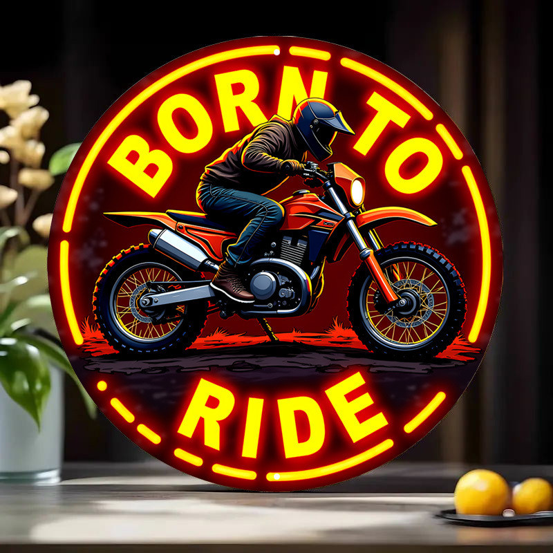 สไตล์นีออน "Born to Ride" Dirt Bike ป้ายดีบุกโลหะทรงกลม - อุปกรณ์ตกแต่งผนังแบบวิบากสําหรับโรงรถ ถ้ํา