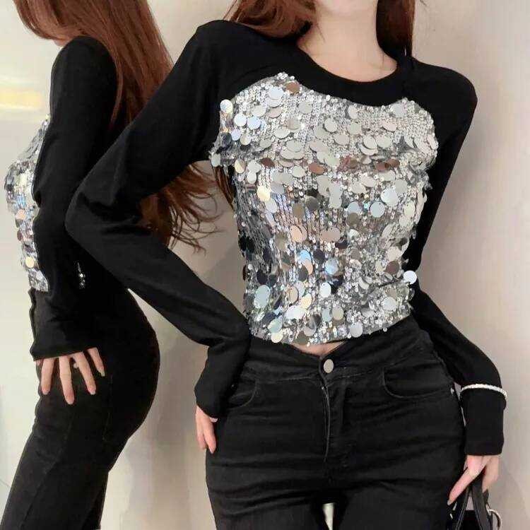 ▥ O-คอheavyเลื่อมpatchworkเสื้อยืดผู้หญิง 2025 ฤดูใบไม้ผลิใหม่สีดําเสื้อmujer Y2k Grungeแขนยาวs